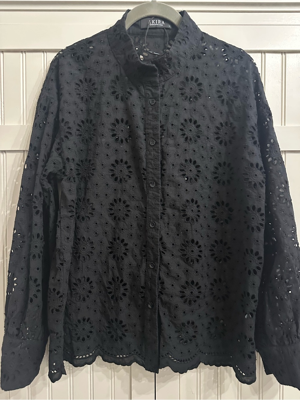AKIRA Black Eyelet Button-Down Long Sleeve Top